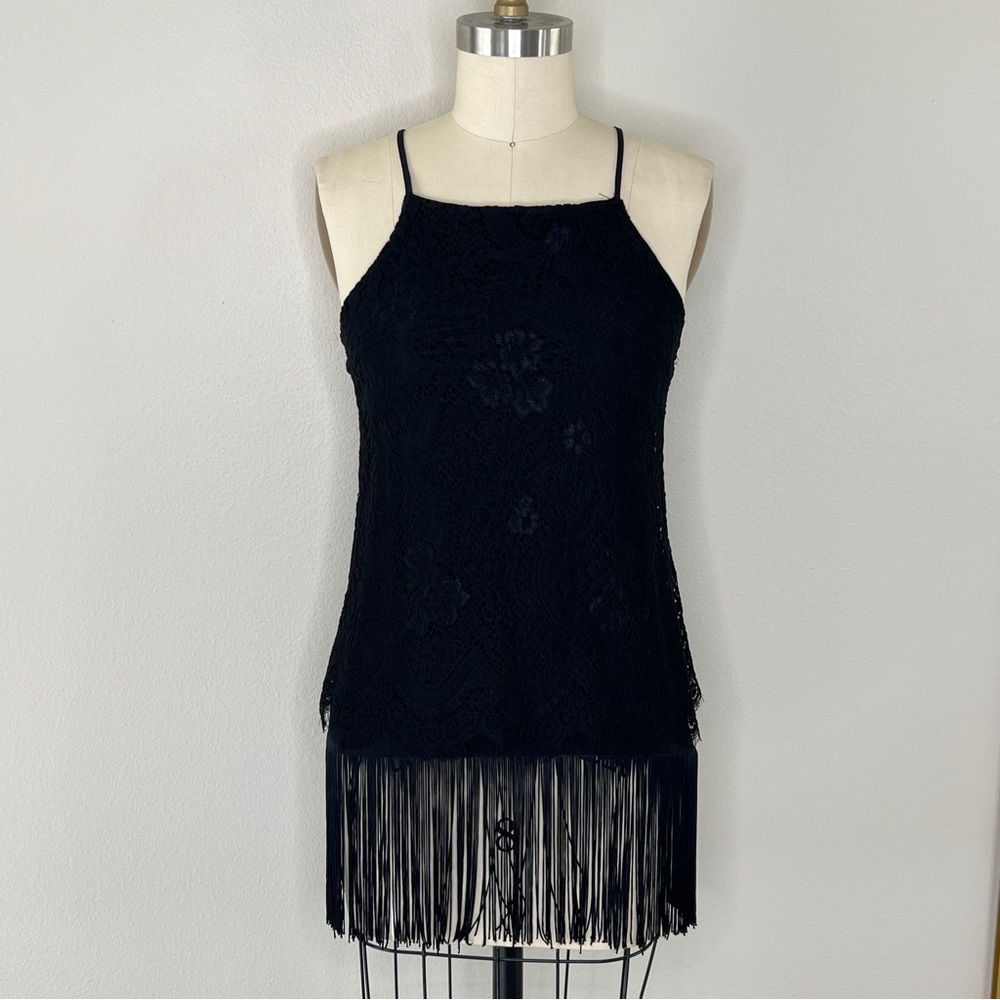 Atelier Nicole Miller Black Lace and Fringe Silk Top, Small
